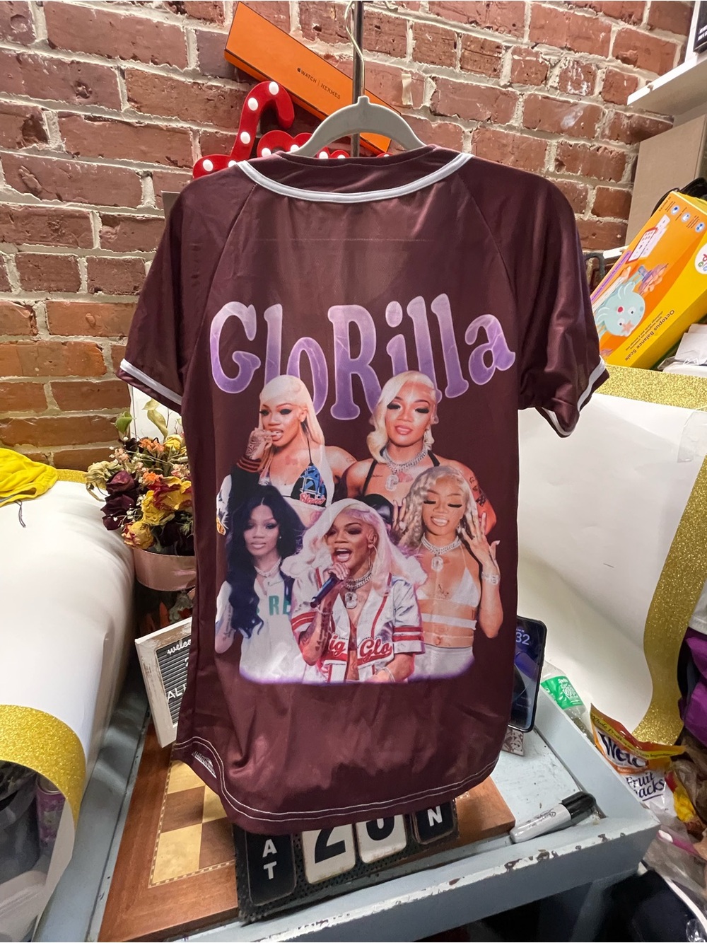 Maroon Short Sleeve Baseball Jersey with White Trim rapper GloRilla in a vintage